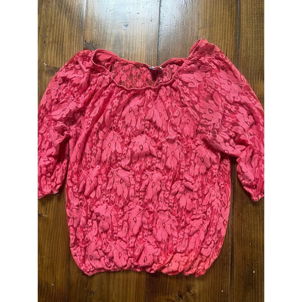FAMS Womens Hot Pink Floral Lace Bubble Hem Blouse 3/4 Sleeve Size Large